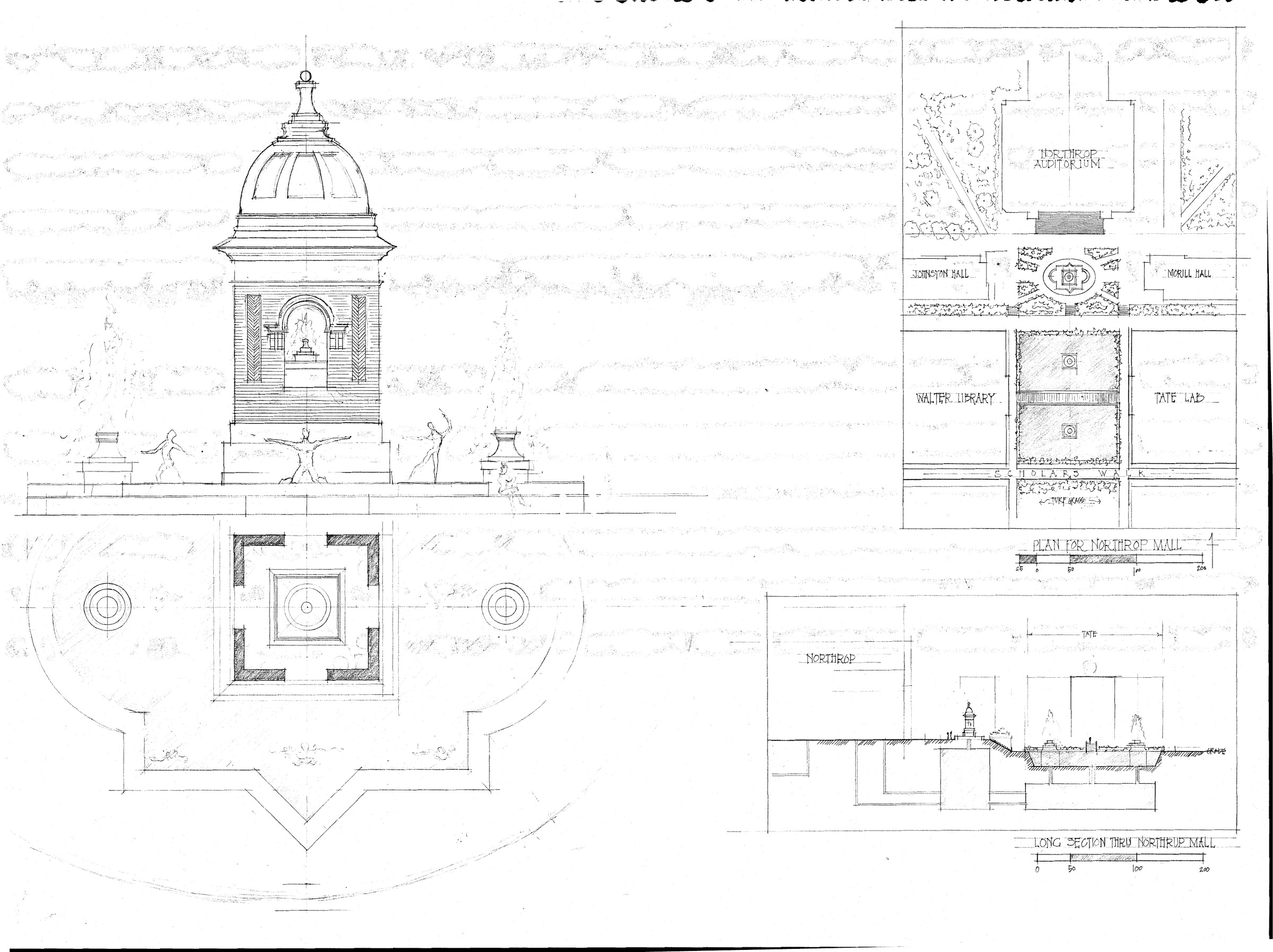 Ink drawing of a smaller domed pavilion flanked by leaping figures and fountains, with a plan for Northrop Mall naming Northrop Auditorium, Johnston, Morrill, Walter Library and Tate Lab, and a long section through the mall below.