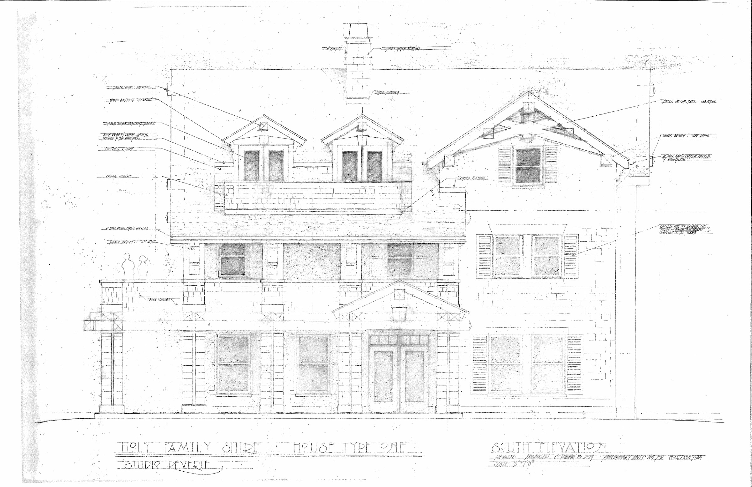 South elevation in graphite, closely annotated with notes on timber brackets, copper flashing, cedar shakes and hand-formed copper gutters. Two dormers sit above a shingled band, with a pedimented entry below.