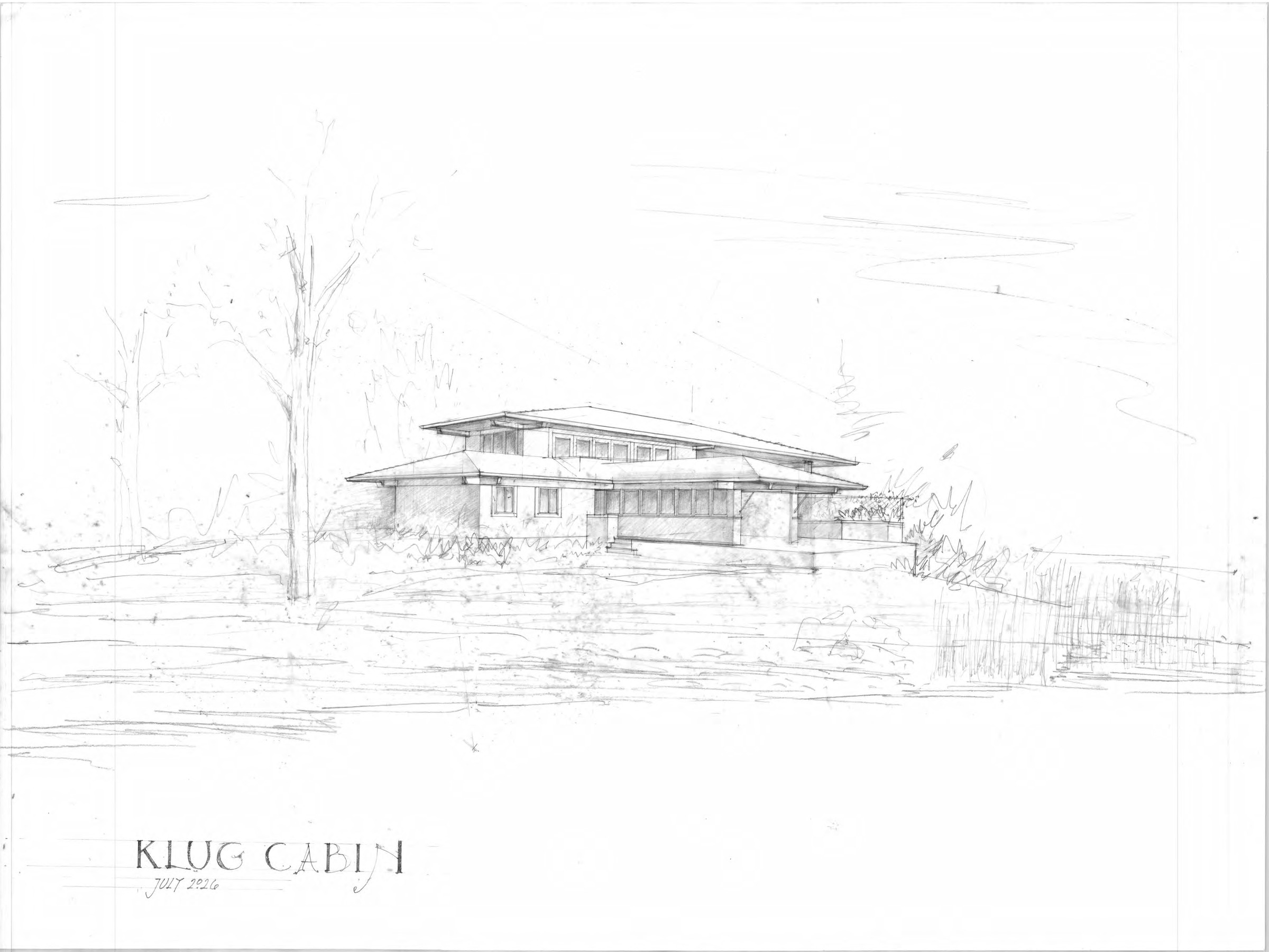 Loose graphite perspective of a low cabin with wide overhanging hipped roofs and a clerestory band, seen across rough grass with bare trees behind.