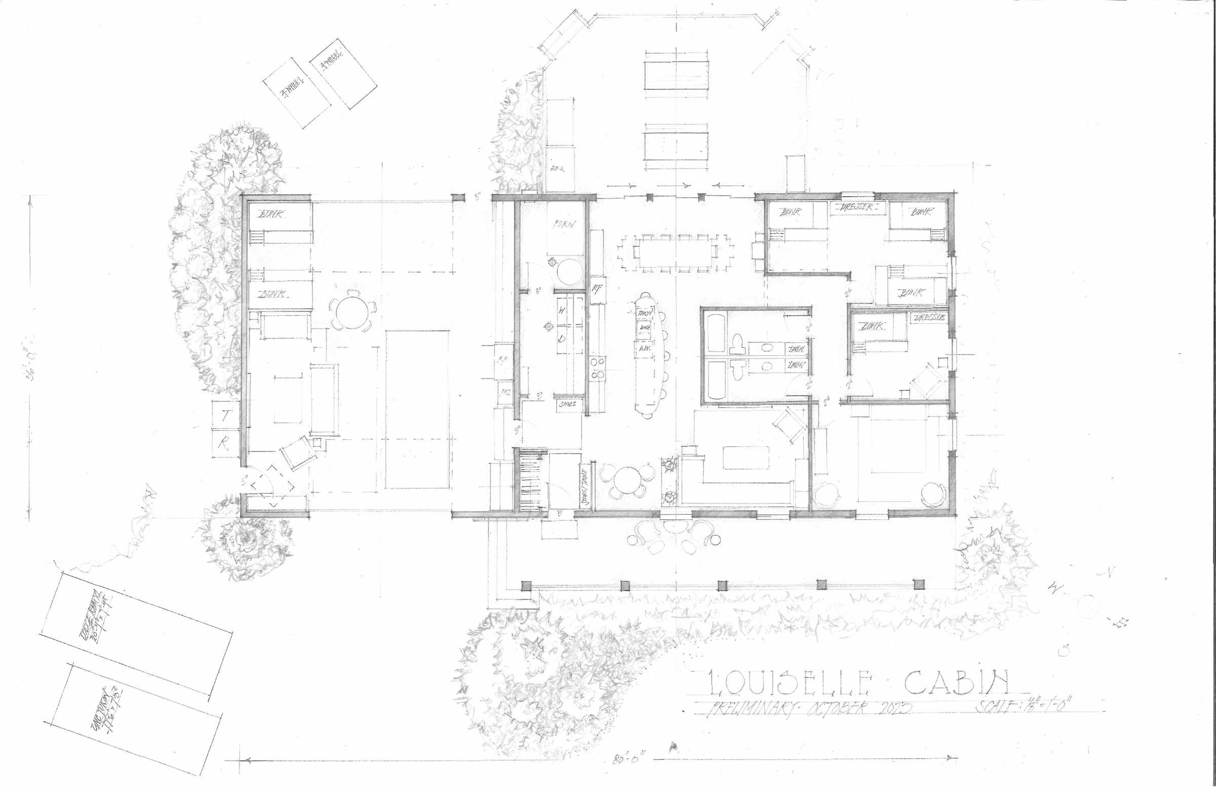 Floor plan in graphite of an eighty-foot cabin — bunk rooms at both ends, a central kitchen and dining table, bathrooms, and a screened porch along the south.