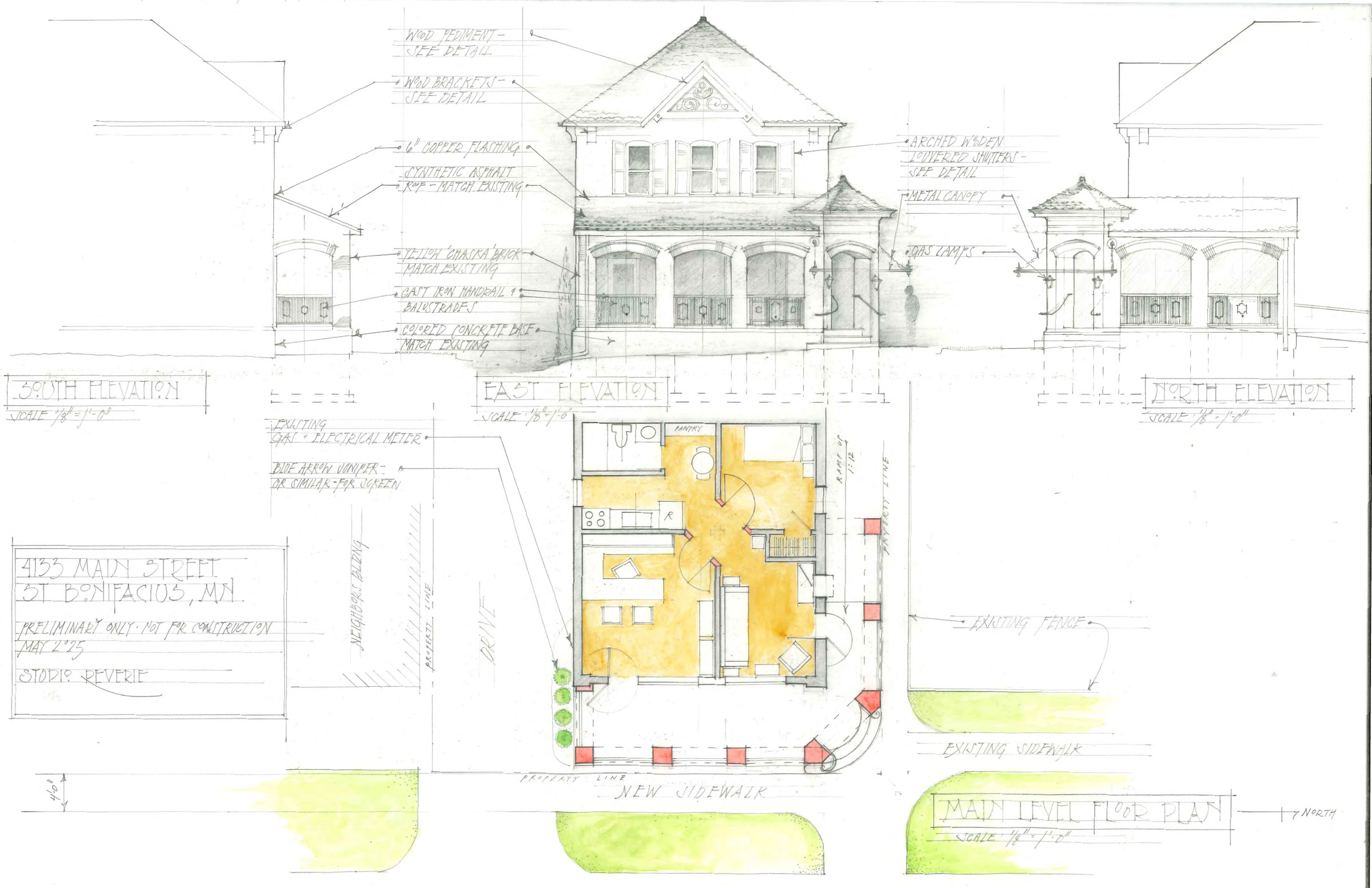Sheet of graphite elevations — south, east and north — annotated with material notes, alongside a main level floor plan washed in yellow and green showing the new sidewalk, drive and planting.