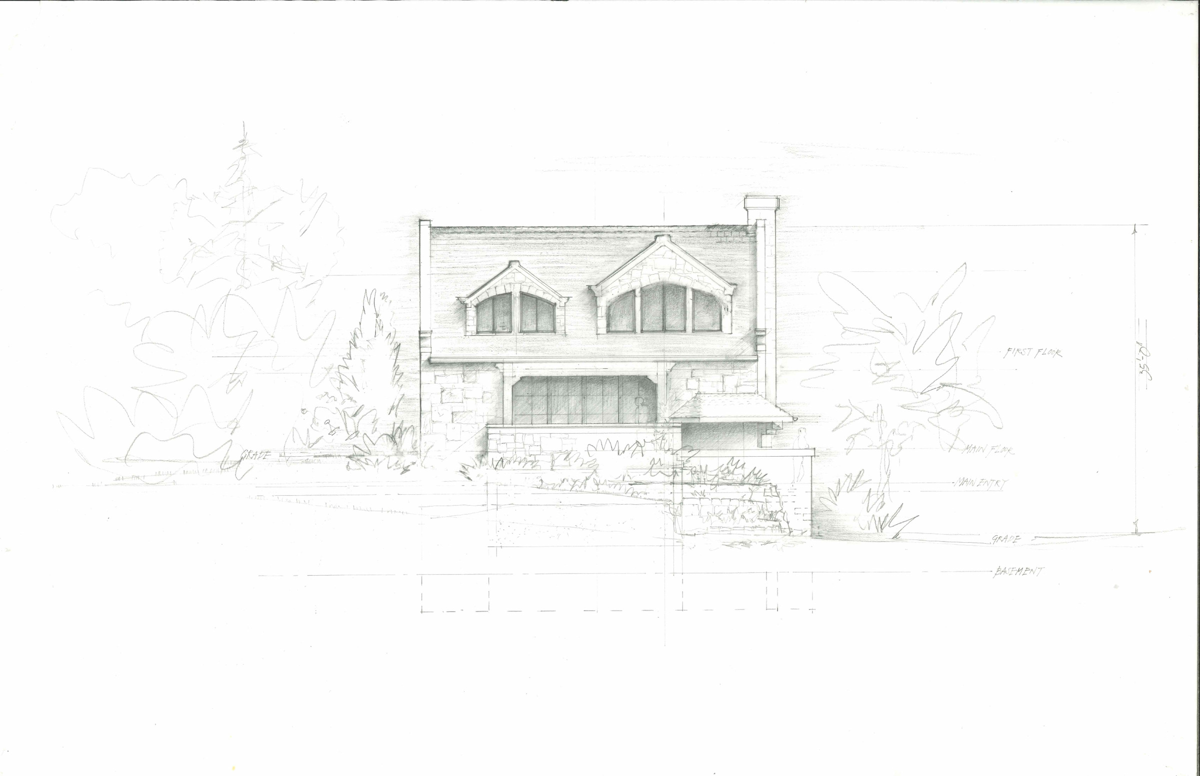 Graphite elevation of the same house seen through loosely drawn evergreens — two arched dormers under gables above a wide glazed opening, with the grade, main floor and basement levels marked off to the right.