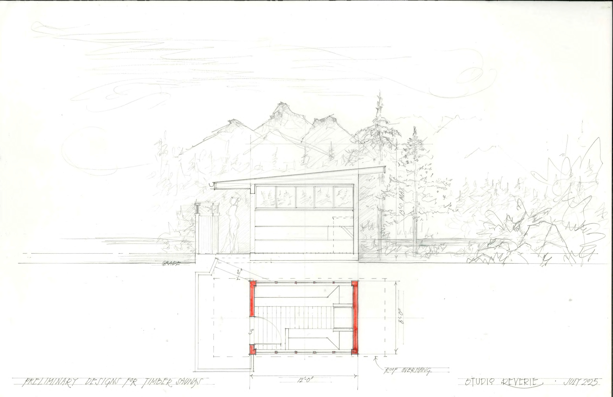 Sauna study with a single-pitch roof and a clerestory band of windows, set against a drawn mountain and pine background, with the plan below washed in red at the walls.