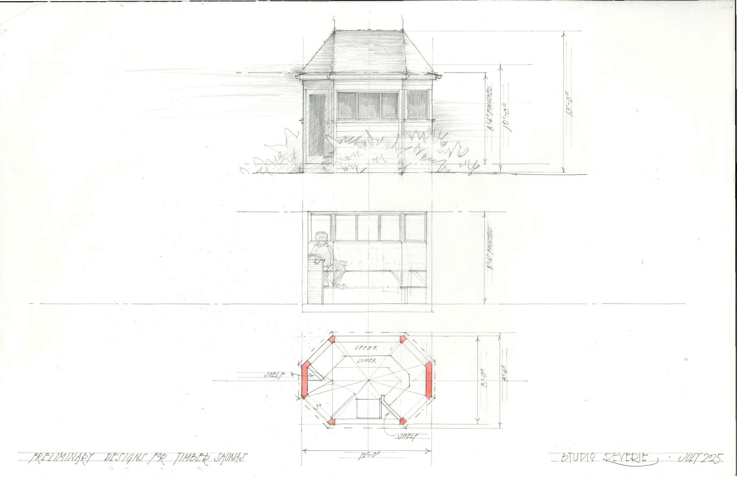 Sauna study of a small hipped-roof pavilion, shown in elevation, section with a seated figure at the upper bench, and an octagonal plan with shelves at the corners.